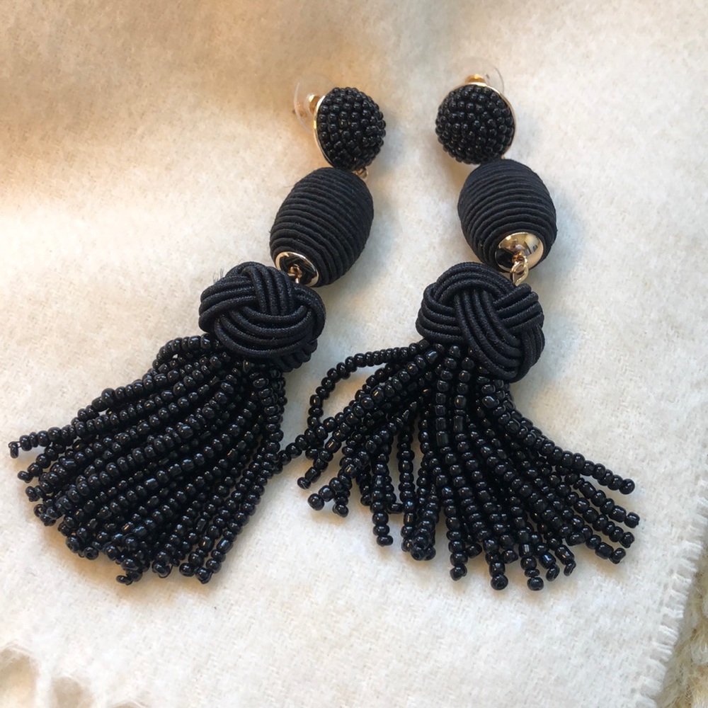 Dressy Black Tassle Earrings Pierced